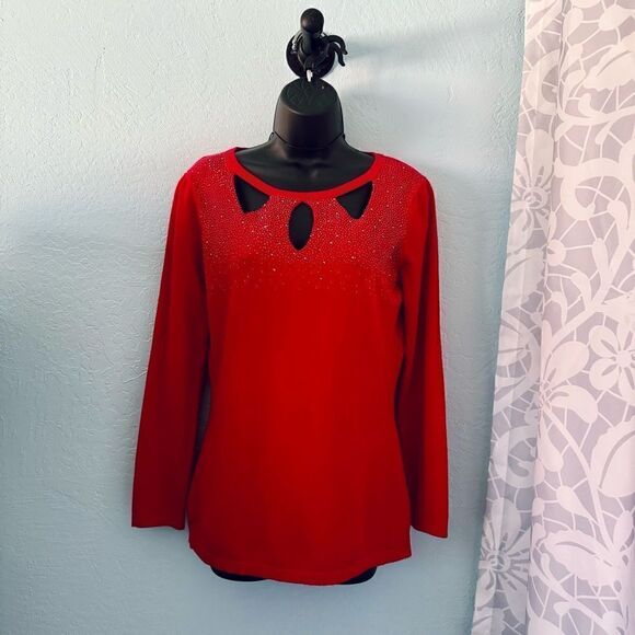 Oliver by Escio Red Bling Keyhole Neckline Sweater Size Large - Picture 1 of 6